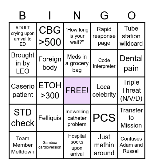 Sunday Funday ED Bingo Card