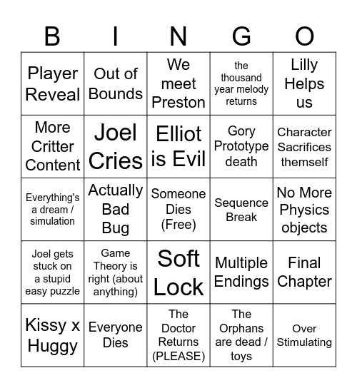 Poppy Playtime Chapter 5 Binog Bingo Card