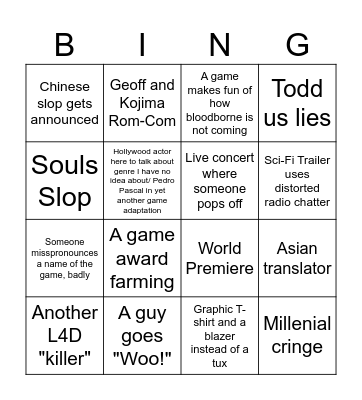 Game Awards Bingo Card