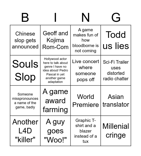Game Awards Bingo Card