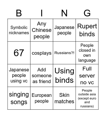 Roblox asian servers Bingo Card