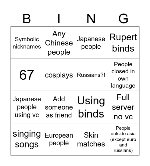 Roblox asian servers Bingo Card