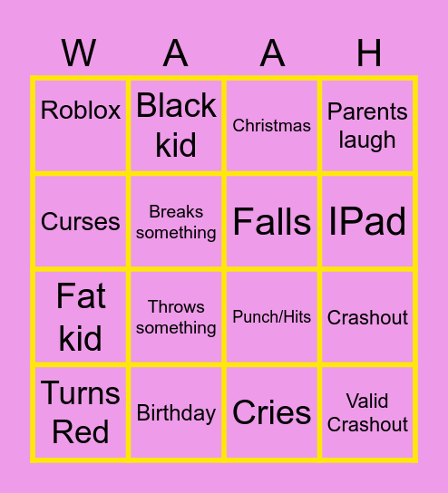 Spoiled Kid Comp Bingo Card