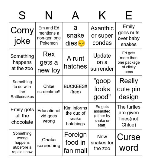 Snake Discovery 2025 Bingo Card