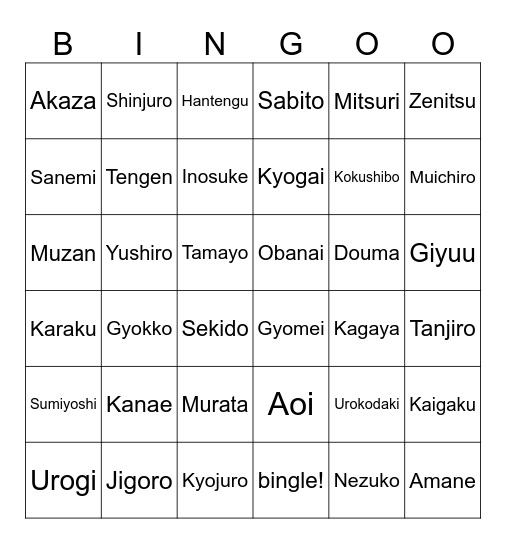 Demon Slayer Bingle Bingo Card