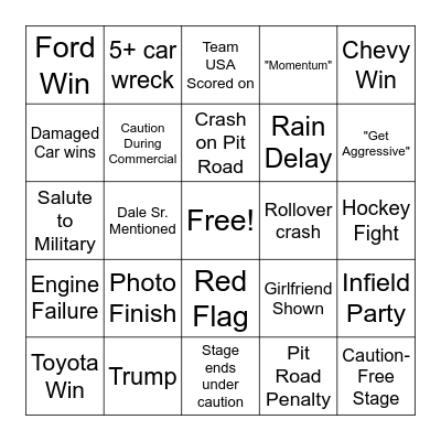 Daytona 500 Bingo Card