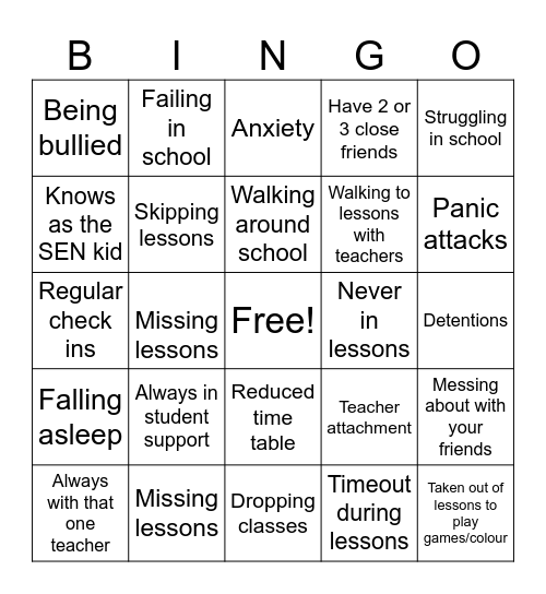 Student support kid Bingo Card
