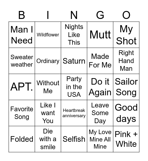 Music Bingo Card