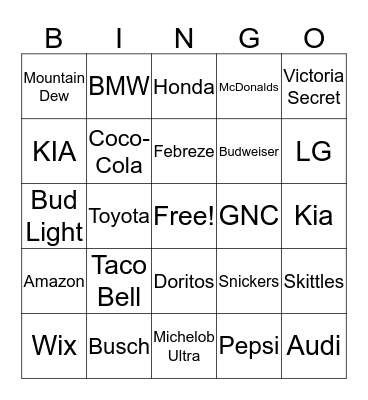 SuperBowl Commercial Bingo Card