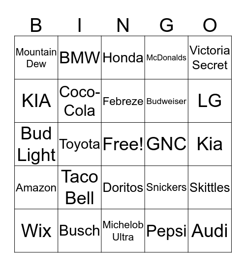 SuperBowl Commercial Bingo Card