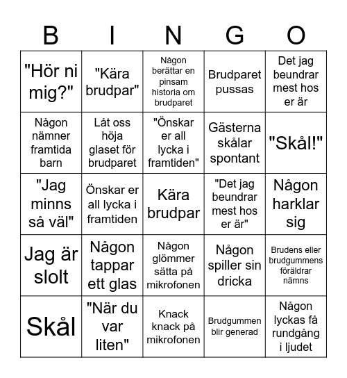 Bröllopsbingo Card