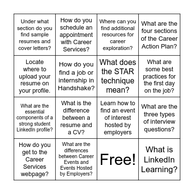 Career Resources Bingo Card
