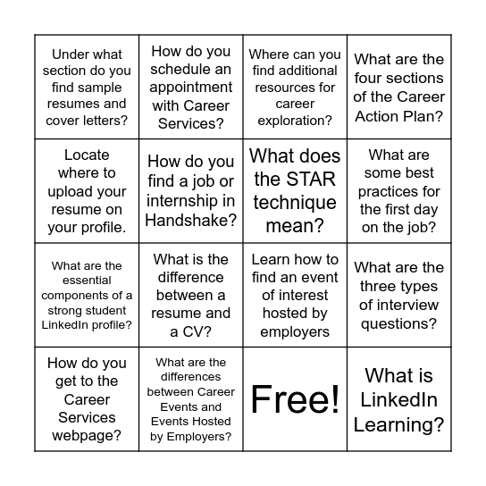 Career Resources Bingo Card
