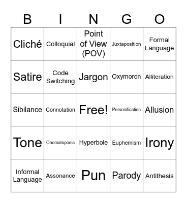 Language Techniques Bingo Card