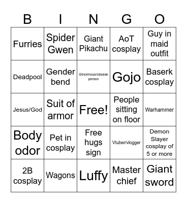 Anime Con Bingo Card