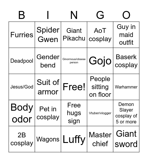 Anime Con Bingo Card