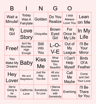 Love Songs Bingo Card