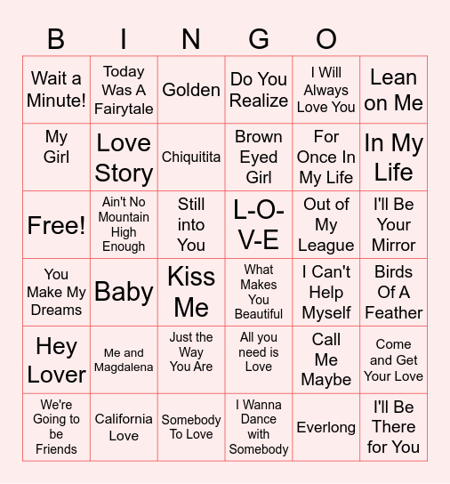 Love Songs Bingo Card