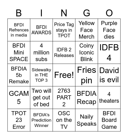 My BFDI 2026 Predictions Bingo Card