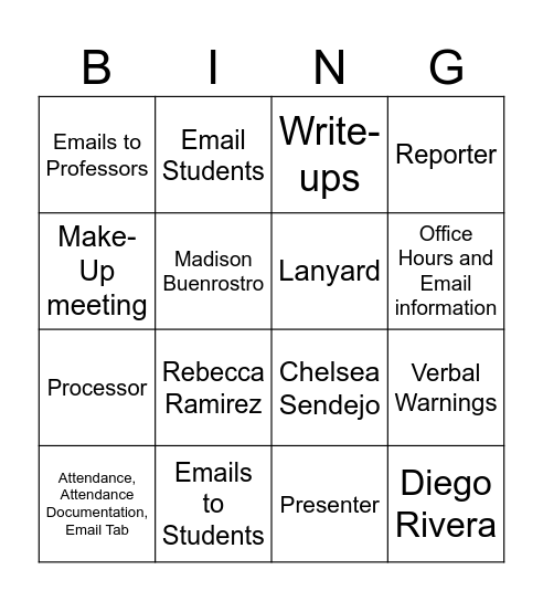 Weekly Meeting Bingo Card