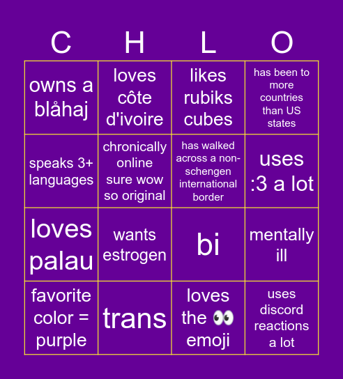 chloe bingo :3 (NOE) Bingo Card