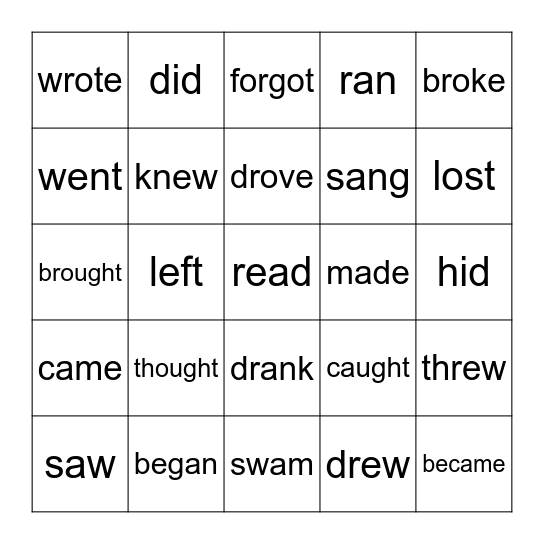 Irregular Verbs Bingo Card