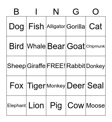 Animals Bingo Card