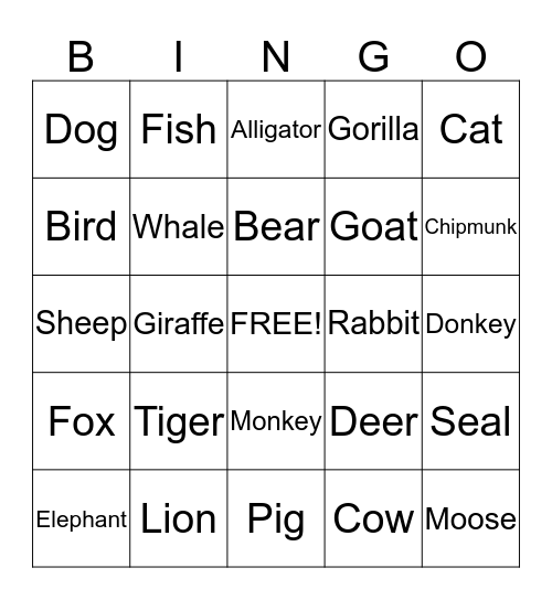 Animals Bingo Card