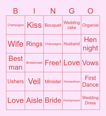 Julies Hen Night Bingo Card
