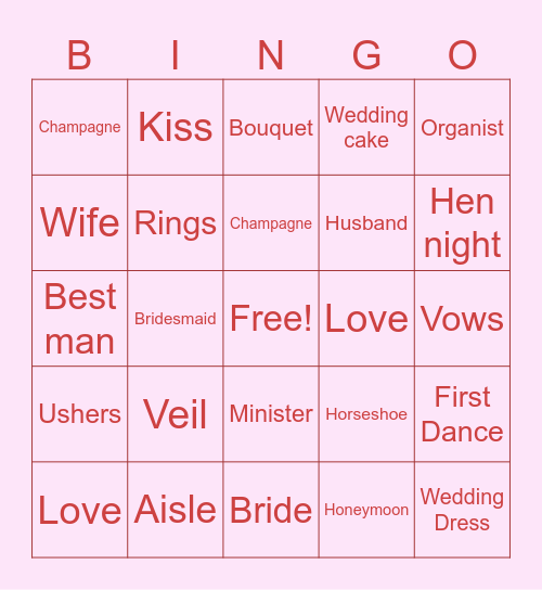 Julies Hen Night Bingo Card