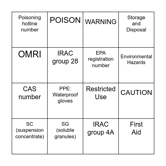 Pesticide Label Bingo Card