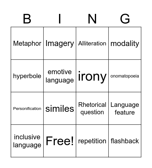 Language features bingo Card