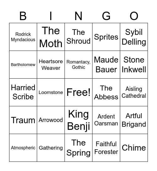 The Knight & The Moth Bingo Card