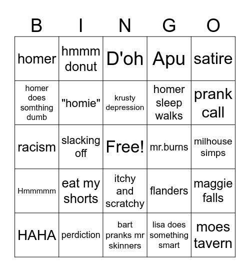 simpsons bingo Card