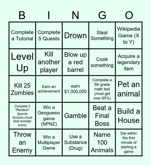 Video Game Bingo Card