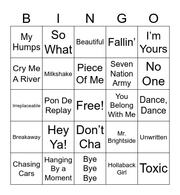 2000's Pop Hits Bingo Card
