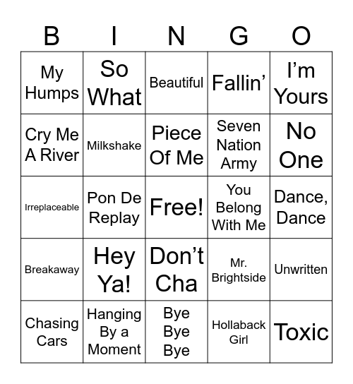 2000's Pop Hits Bingo Card