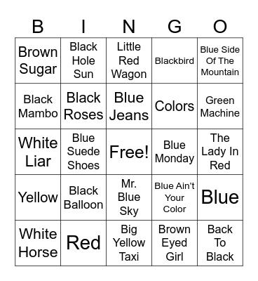 Songs With Colors In The Title Bingo Card