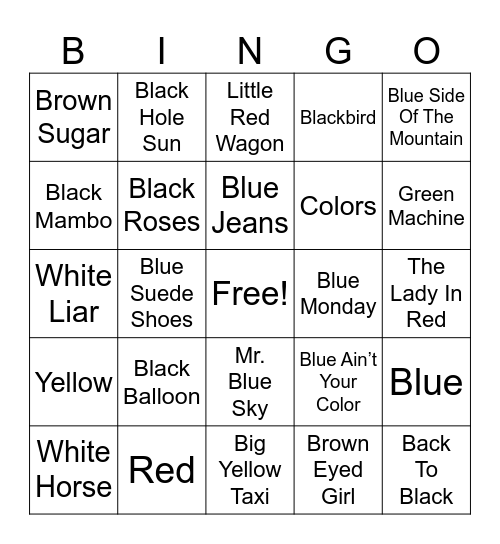 Songs With Colors In The Title Bingo Card