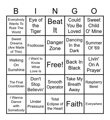 1980s Music Bingo Card