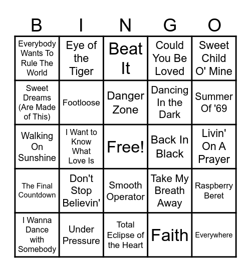 1980s Music Bingo Card