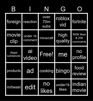 yt shorts Bingo Card