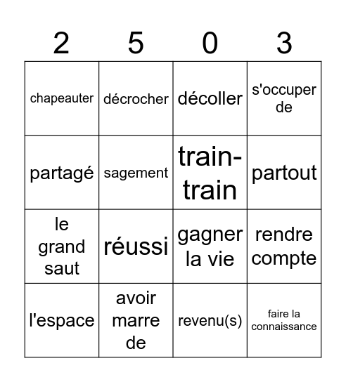 le vocabulaire Bingo Card