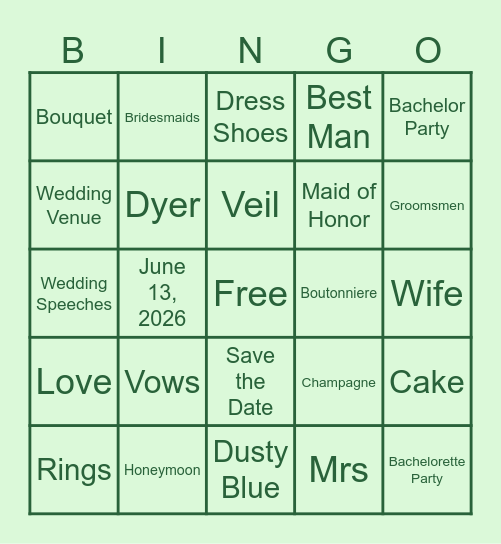 Bridal Shower Bingo Card