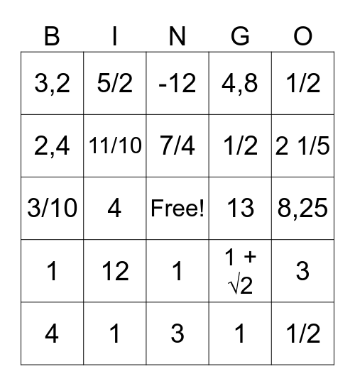 Números Reales Bingo Card