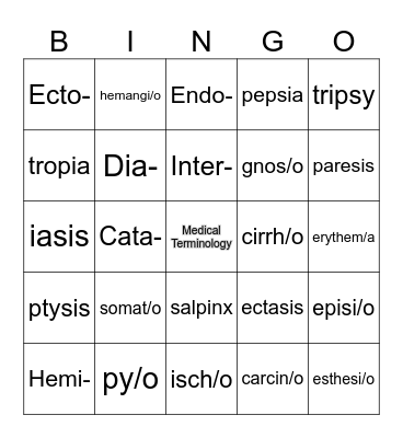 Medical Terminology Bingo Card