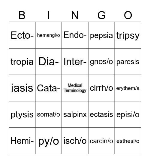 Medical Terminology Bingo Card