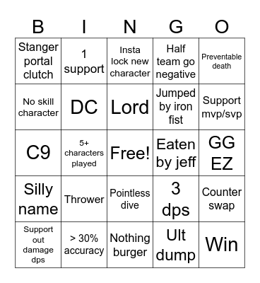 Marvel Rivals Bronze Ranked Bingo Card