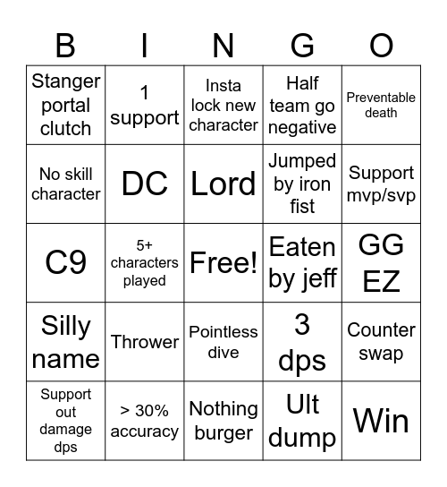 Marvel Rivals Bronze Ranked Bingo Card