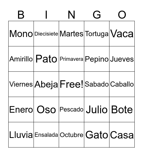 Spanish Bingo Card